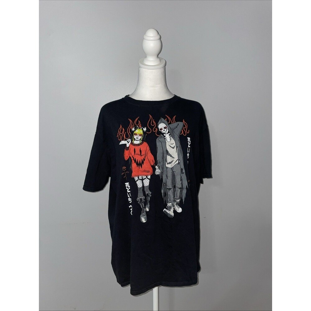 Hot Topic XL Black Anime Skeleton Couple Graphic Tee Grunge Alt Japanese